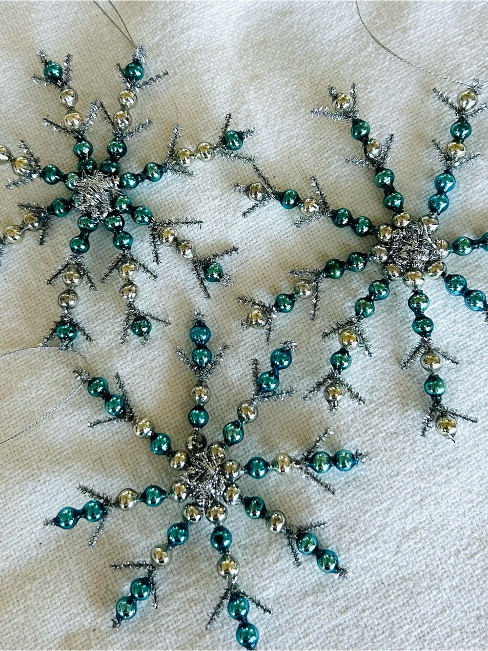3 Vintage repurposed holiday Christmas glass garland bead snow flake ornaments